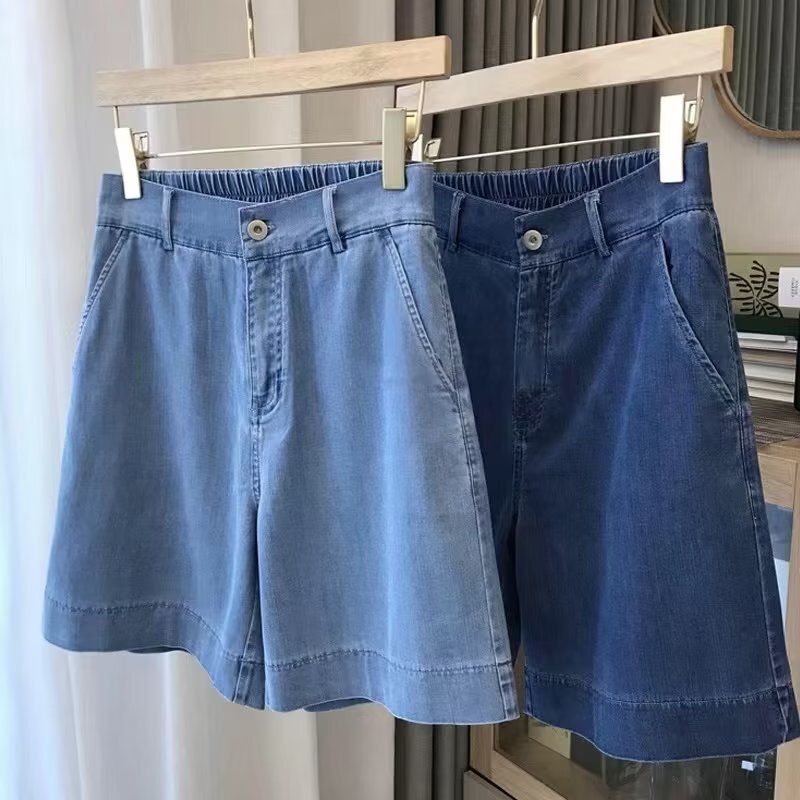 Tencel Denim Shorts Women's Summer Thin A- Shapes High Waist plus size All-Match Loose Pants Ice Silk Wide-Leg Pants