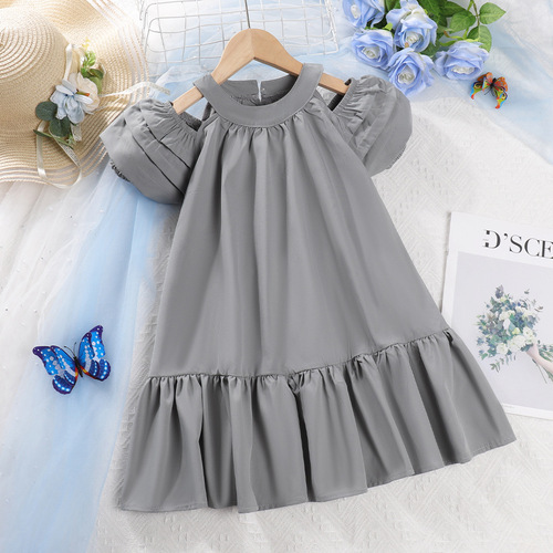 Girls Dress Summer Puff Sleeve Ruffled Mid-Length Style Bohemian Off-the-Shoulder Dress Skirt Korean Style