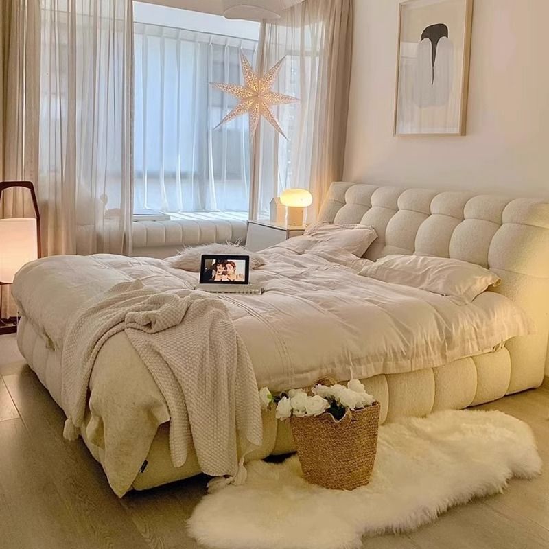 Ins Cream Style Large Bed Modern Simple Cashmere Fabric Bed Master Bedroom Double Bed 1.5X1.9 Soft Back Wedding Bed Ins Cream Style Large Bed Modern Simple Cashmere Fabric Bed Master Bedroom Double Bed 1.5X1.9 Soft Back Wedding Bed