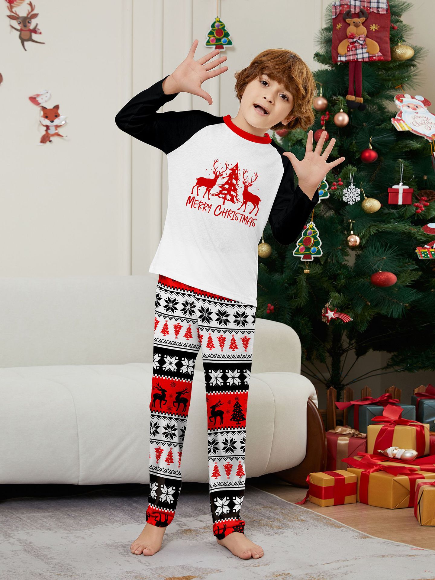 Robe de famille de Noël imprimée, pyjama, robe de maison, lettres de flocon de neige, Père Noël, cerf_voghion.com