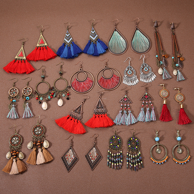 Handmade retro Bohemian ethnic style earrings women's elegant holiday tassel earrings Thailand long personalized earrings