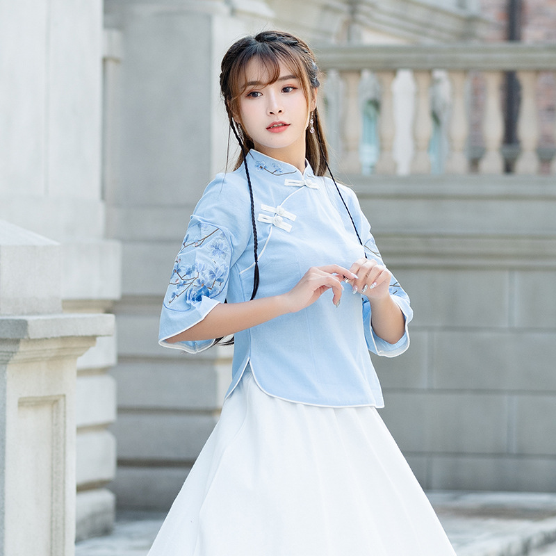 新中式刺绣改良学生日常国风裙子少女青花瓷套装中长款