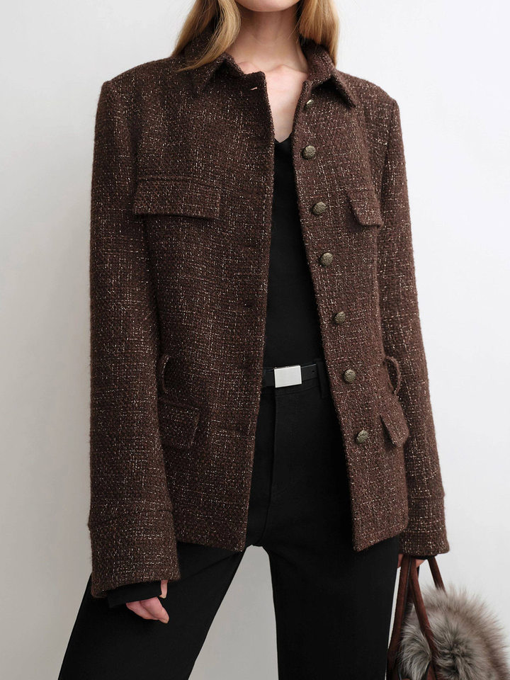 Áo khoác nữ dáng ôm kiểu sơ mi chất liệu dạ tweed lông cừu kèm thắt lưng, dài tay, cổ vest — Màu đỏ rượu Port