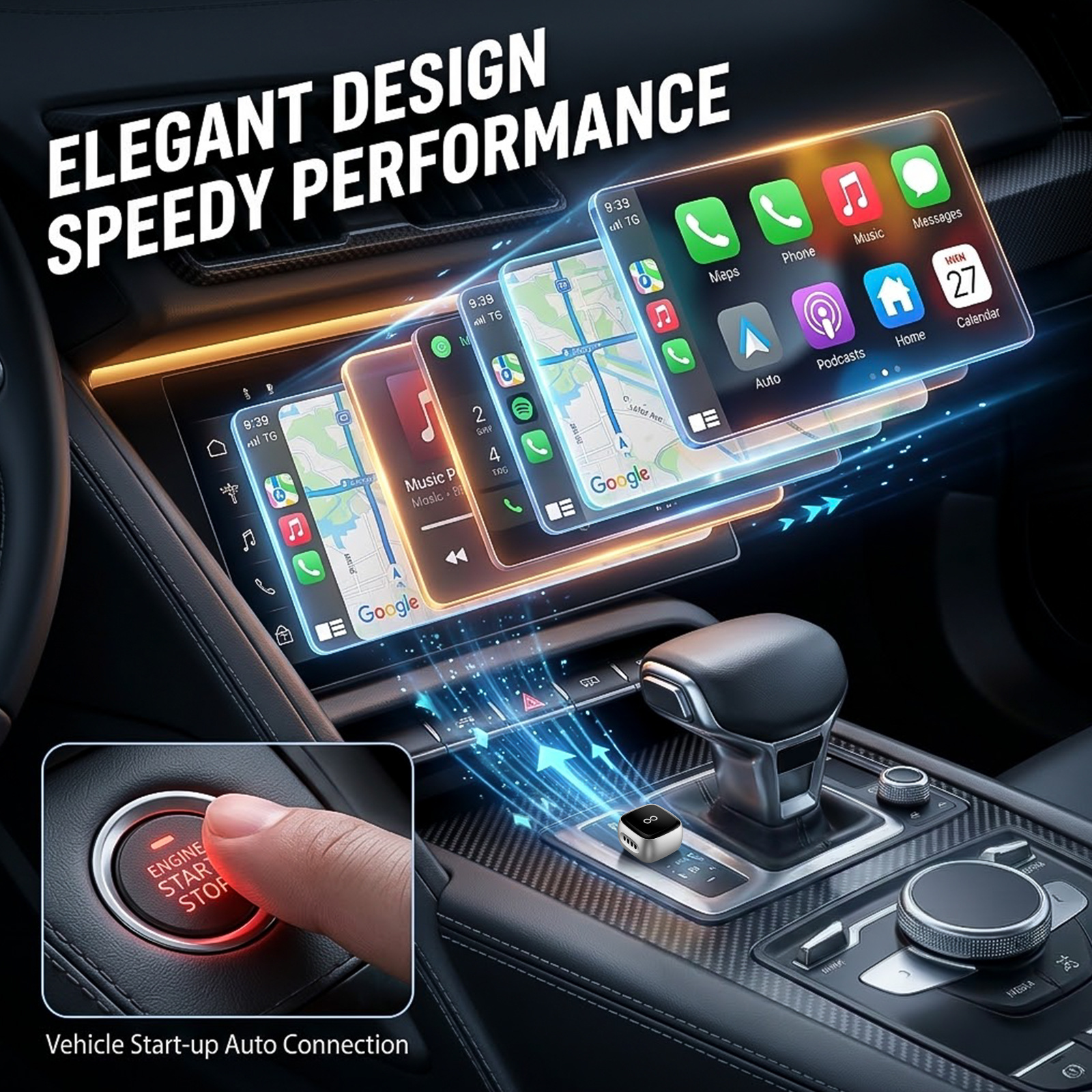 Apple and Android 2-in-1 wired-to-wireless CarPlay adapter, in-car connectivity converter, smart car system box