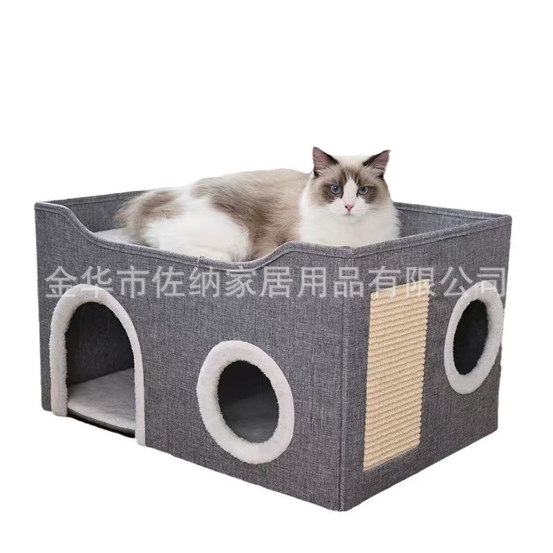 Nido para mascotas Four Seasons Nido para gatos universal Doble capa Múltiples hoyos Garra de afilado de sisal Suministros para mascotas Casa para mascotas plegable semicerrada