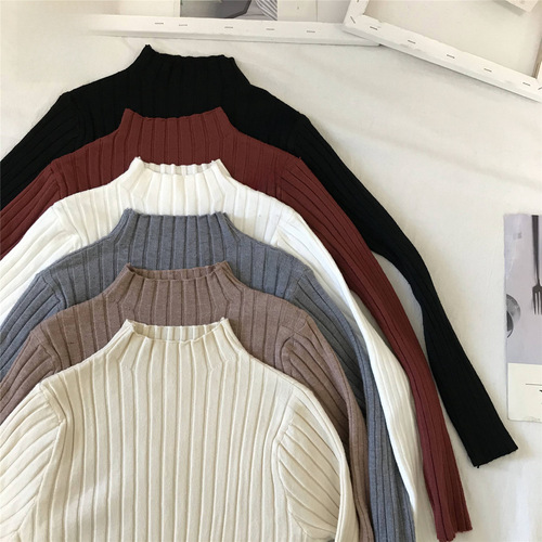 Women's Long-Sleeve Semi-High Collar Knit Top with Solid Color, Spring and Autumn Striped, Loose Hooded Crewneck Sweater for 2025 Winter
