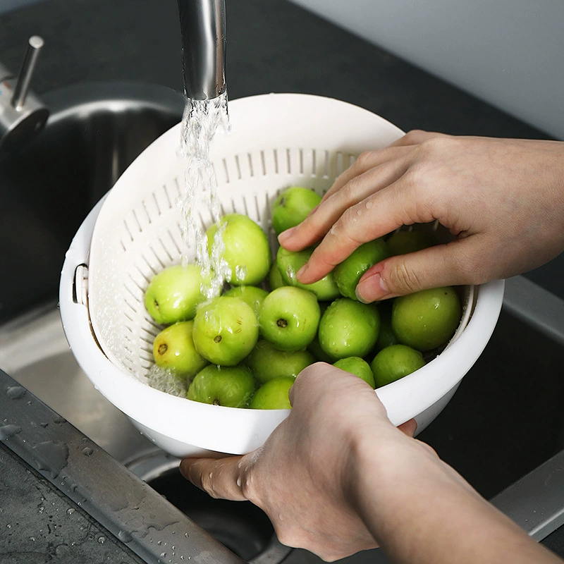 Double-layer plastic fruit drying rack and basket for home use in white, grey, or apricot