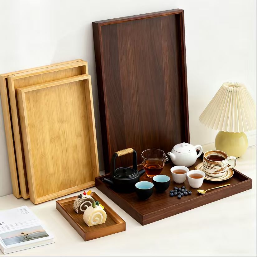 Bamboo Wooden Tray Japanese-Style Household Rectangular Tray Fruit and Vegetable Tray Simple Tea Tray Tea Set Tray Barbecue Dinner Tray Multi-Purpose