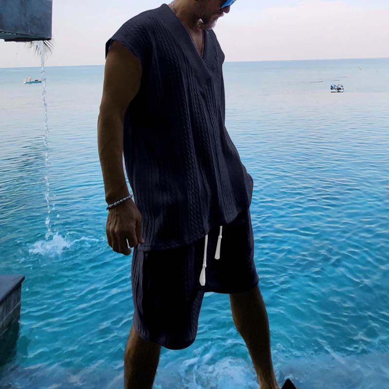 Men's Summer Jacquard Knit Short Sleeve Shirt And Shorts Set, Comfortable Casual Lounge Wear_viptrois.com