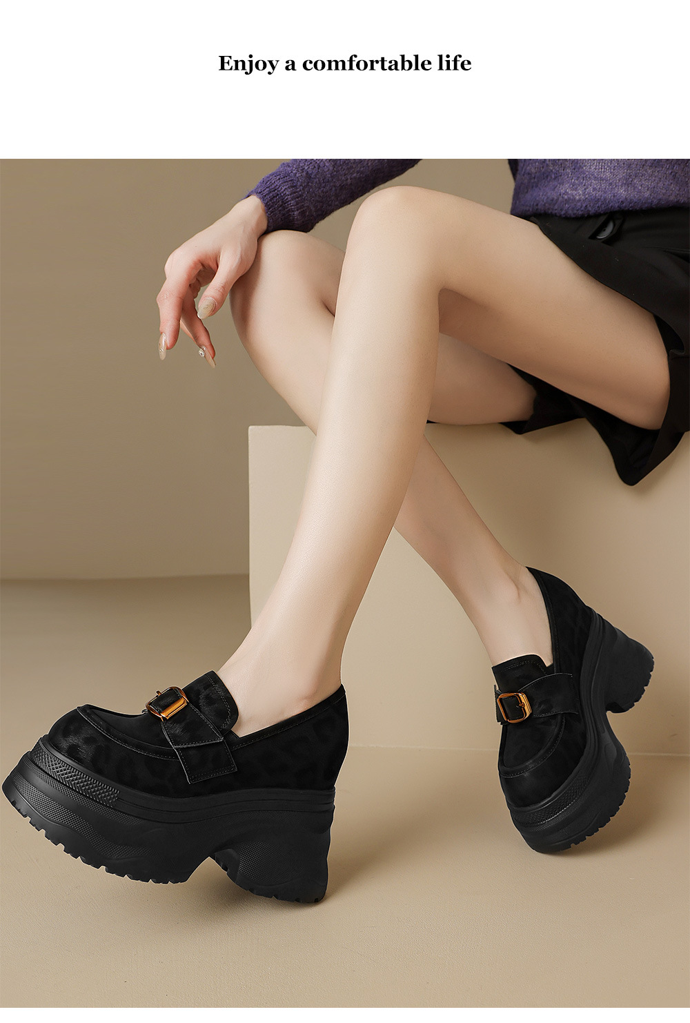 Giày loafer nữ đế xuồng họa tiết báo khóa kim loại tăng chiều cao — đen, nâu đen chi tiết 10
