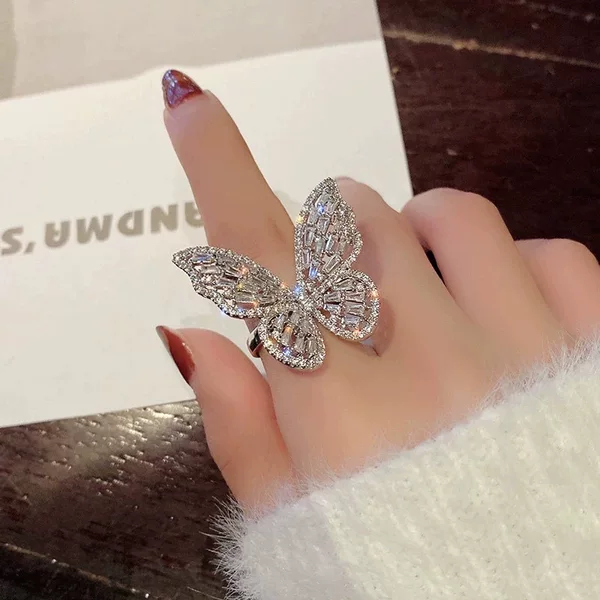 Korean-Style Fashion Full Diamond Butterfly Open Ring Hollow Gemstone Exaggerated Ring Trendy Minimalist Jewelry