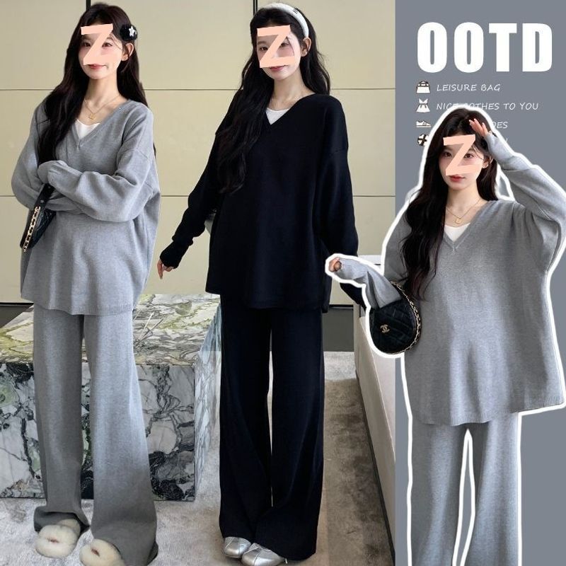 Maternity loungewear set, autumn/winter 2026 new collection, fashionable and stylish black knit two-piece outfit, plus size, loose fit Maternity loungewear set, autumn/winter 2026 new collection, fashionable and stylish black knit two-piece outfit, plus size, loose fit