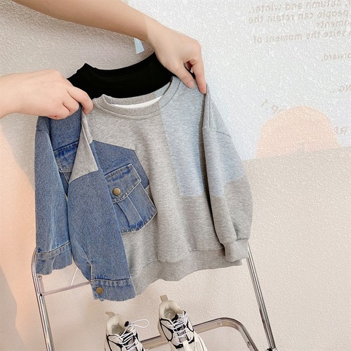 Boys Korean style denim spliced ​​sleeve loose sweatshirt  spring and autumn new style casual pullover for children and middle-aged children