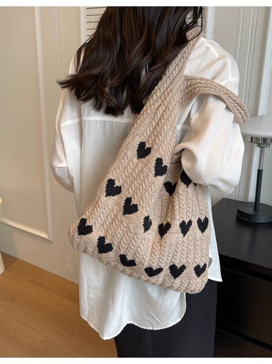 Knitted One-Shoulder Bag, Polyester, Lightweight Casual Tote 36×30×1 cm