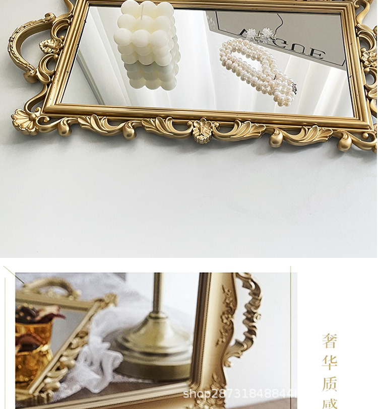 北欧轻奢复古金色收纳托盘方形蛋糕盘玻璃镜面置物盘拍