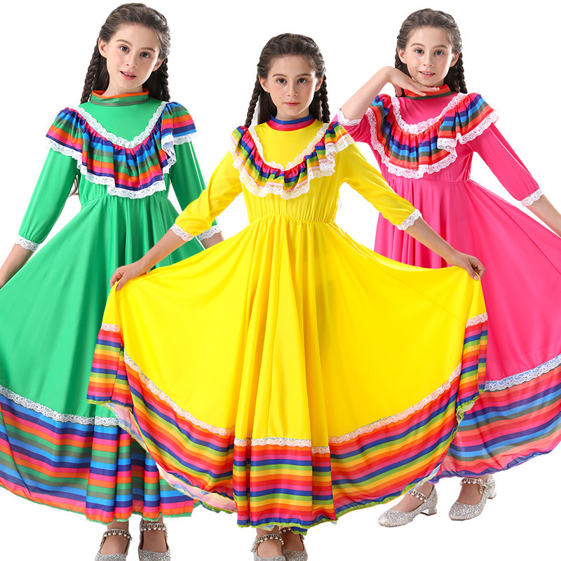 Mexican Girl Ethnic Style Dance Costume Girls Kidsren's Large Swing Skirt Costume Performance Costume Dress up
