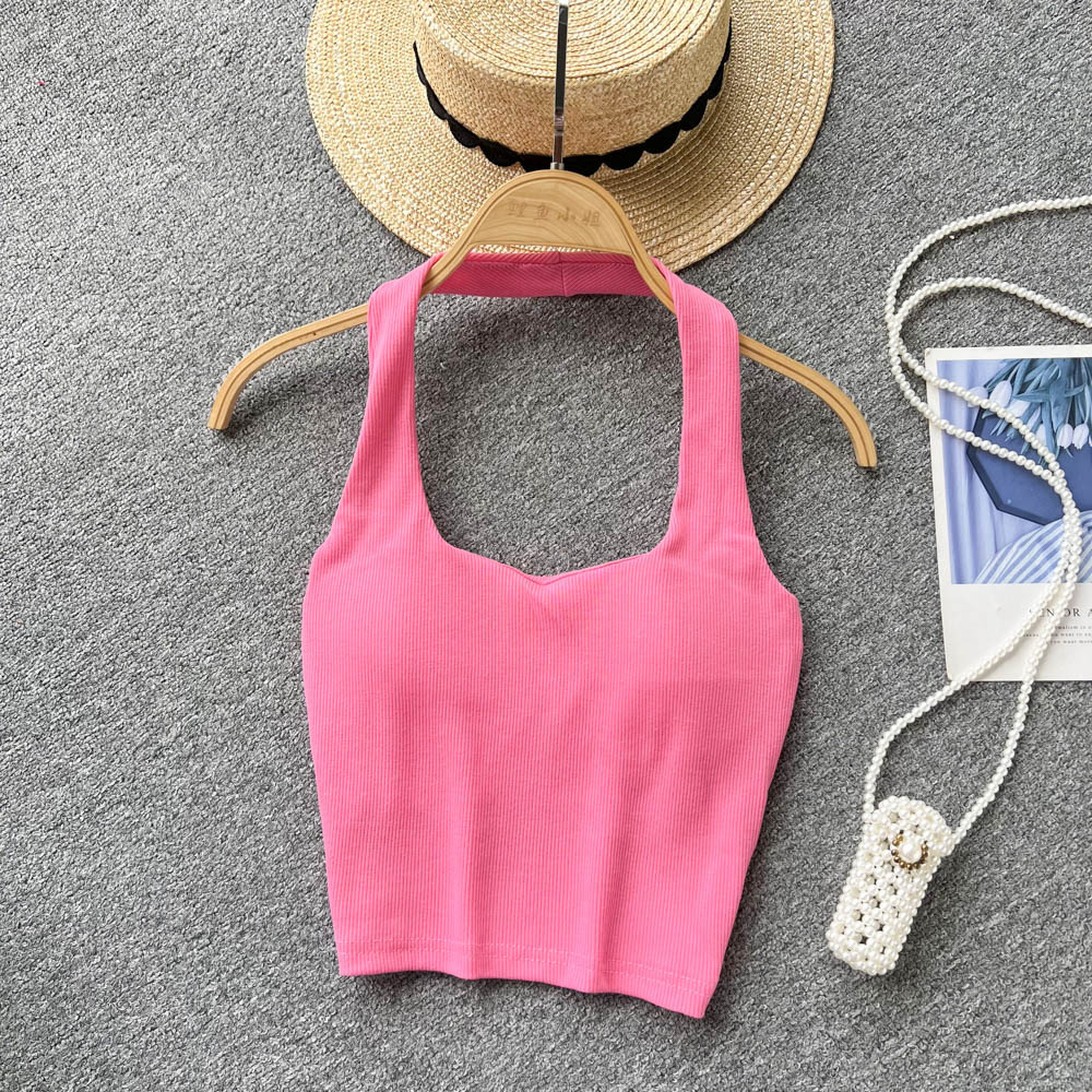 84g Weight Cotton, Rib Fabrics Fabric Type Short Top Length Vest Tops Type Holiday, Banquet, Daily Occasion Halter Neck Neckline Slim Fit Type Solid Color Pattern Summer Season Women's Gender Elegant, Streetwear Style Wholesale Women's Elegant Streetwear Solid Color Tank Tops 21