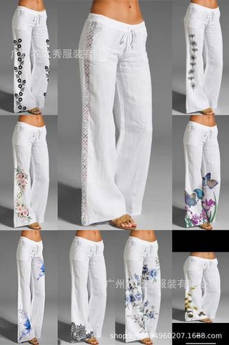  Amazon Wish Cross-border Independent Station Bestselling Retro Cotton Linen Belted Wide-leg Women's Pants
