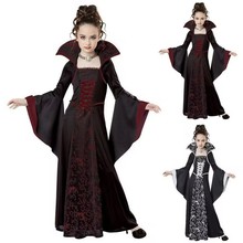 欧美新款万圣节儿童服装女巫服中世纪复古系带立领喇叭袖印花长裙