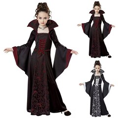 欧米の新型ハロウィーン子供服魔女服中世復古ストラップ立襟ラッパ袖プリントロングスカート