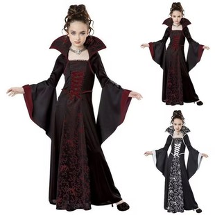 European and American New Halloween Children's Costume Witch Dress Medieval Retro Lace-up Collar Flare Sleeve Printed Long Dress