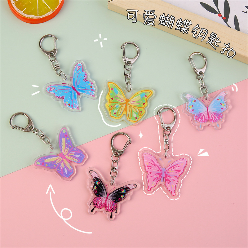 Cute colorful butterfly keychain girl schoolbag earphone cover ornaments acrylic pendant cartoon key ring accessories
