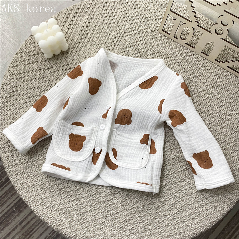 한국식 아동복 면 거즈 곰 스타일 긴팔 코트 봄, 가을 간단한 긴팔 코트 남성과 여성  유행 가디건