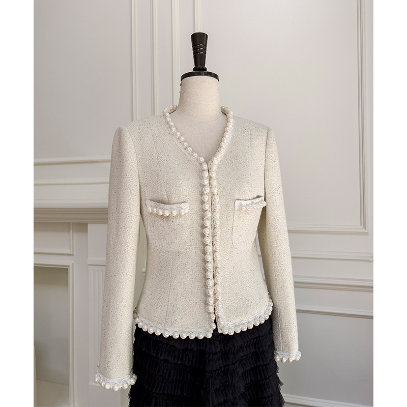 Simple Small Cardigan, Age-Reducing V Neck, Slimming Look, Long-Sleeved Short Top, Pearl Webbing Tweed Jacket 91350