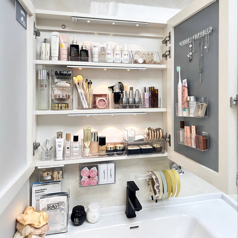 Bathroom Mirror Cabinet Storage Box Bathroom Cabinet Mirror Rear Cosmetic Cotton Swab Storage Rack Wall-mounted Layering Artifact