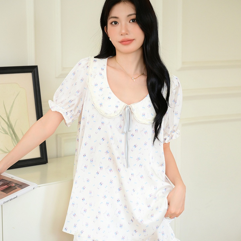 法式睡衣套装女夏季新款甜美可爱风短袖短裤家居服色丁套装可外穿|undefined