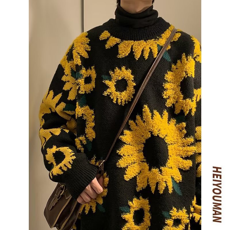 Autumn and Winter Japanese Vintage Sunflower Flocking Lazy Style Sweater Men's and Women's Hip-hop Fashion Brand Couple's Long-sleeved Sweater