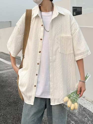 Stylish Basic Youth Trendy Literary Summer Quality Fashion Square Collar Plain Simple Trendy Men's Shirt