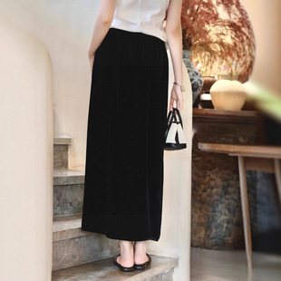 Nanyou Summer New Silk Velvet One-Piece Slit Elastic Waist Skirt Simple Retro Elegant Versatile Skirt