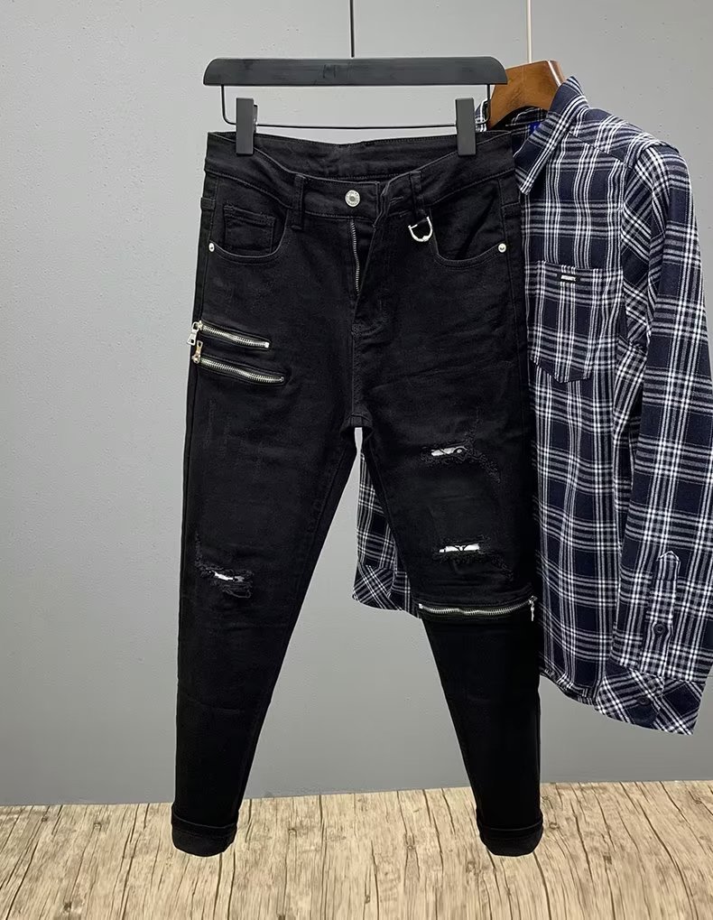 Douyin nuevos jeans con cremallera para hombre 2024 primavera moda estación europea slim-fit agujero guapo tendencia pantalones para hombre