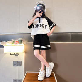 含棉珠地 女童夏季polo衫套装儿童运动女大童短袖运动服两件套