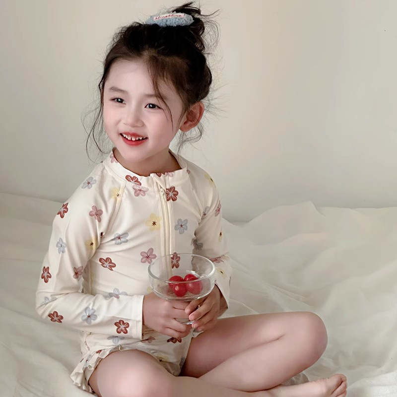 女童连体长袖泳衣速干宝宝海边防晒衣女孩游泳碎花边可爱泳装|undefined