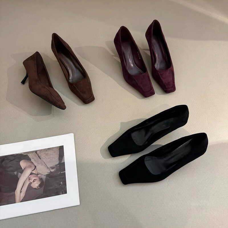 Retro Square-Toed Shallow-Heeled Stiletto High Heels for Women, Suede Commuting Elegant Single Shoes, 2026 New Model