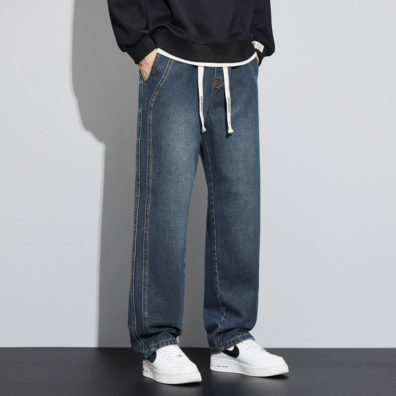 Jeans 2023 de los hombres con forro polar popular primavera y otoño rectos sueltos cintura ajustada pierna ancha casual pantalones largos Otoño e Invierno