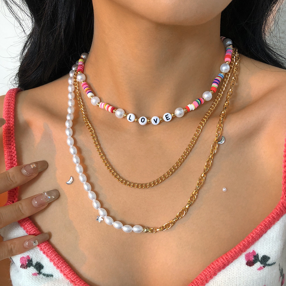 European And American Cross-border Bohemian Fashion Soft Ceramic Imitation Pearl Stacking Multi-layer Necklace display picture 1