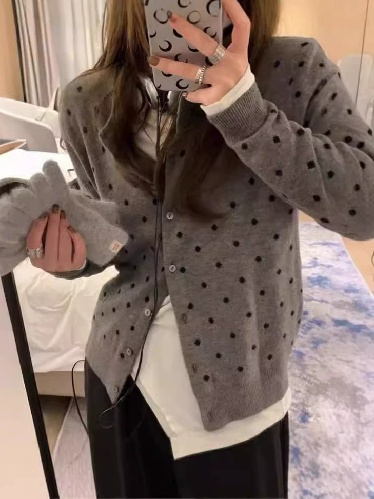 Кардиган демисезон oversized, западный стиль, один размер, вязаный в горошек