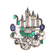复古欧式城堡胸针合金水钻胸针时尚气质个性彩钻水晶胸花珍珠胸针
