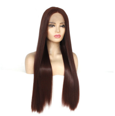 Peluca de comercio exterior Europa y América, cabello largo y liso marrón, gancho de media mano, encaje delantero, abrigo de fibra química, fabricante LW0147