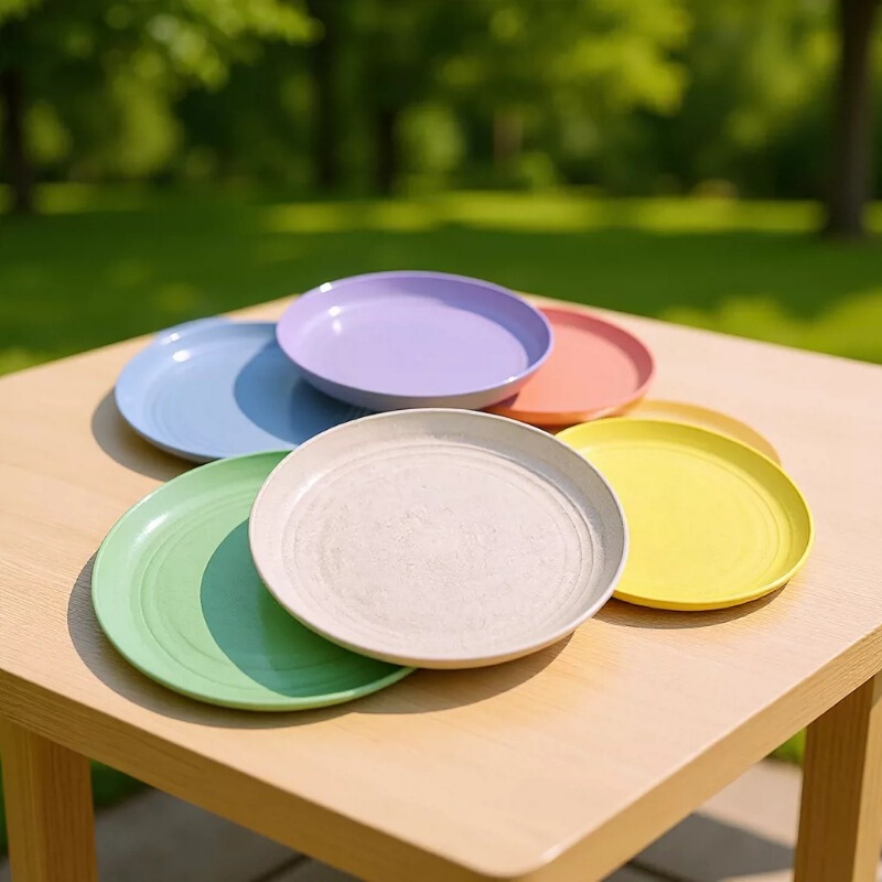 Wheat Straw Picnic Plate, Environmentally Friendly Food-Grade Plastic Portable Lunch Plate, Household Outdoor Camping Tableware Set