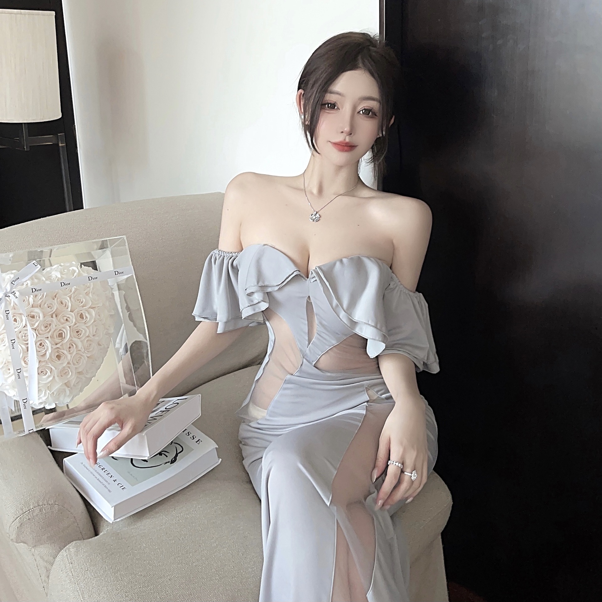 French High-end Sexy Lady Tube Top Evening Dress Women's Summer Hepburn Style Royal Sister See-through Slit Fishtail Dress