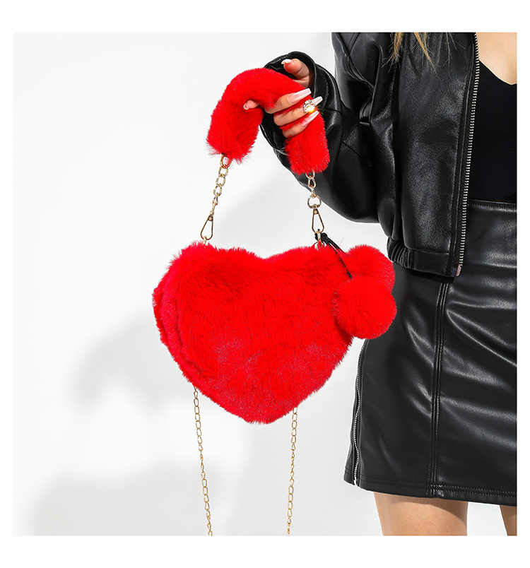 Peach Heart Handbag, Cute Plush Ball Shoulder Bag, Personalized And Niche Women's Solid Color Temperament, Heart Shaped Plush Diagonal Straddle Bag_voghion.com