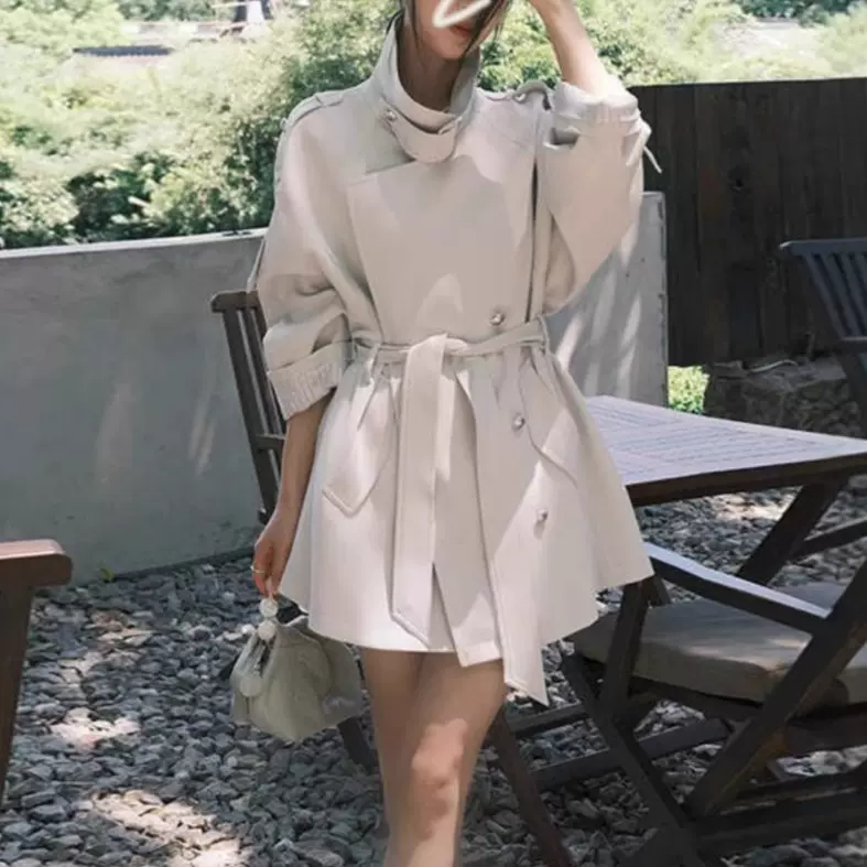 米白色风衣女中长款2025春秋新款双排扣气质小个子气质风衣外套女