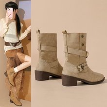 百搭2025年秋冬季新款棕色复古美拉德西部瘦瘦靴尖头粗跟女中靴子