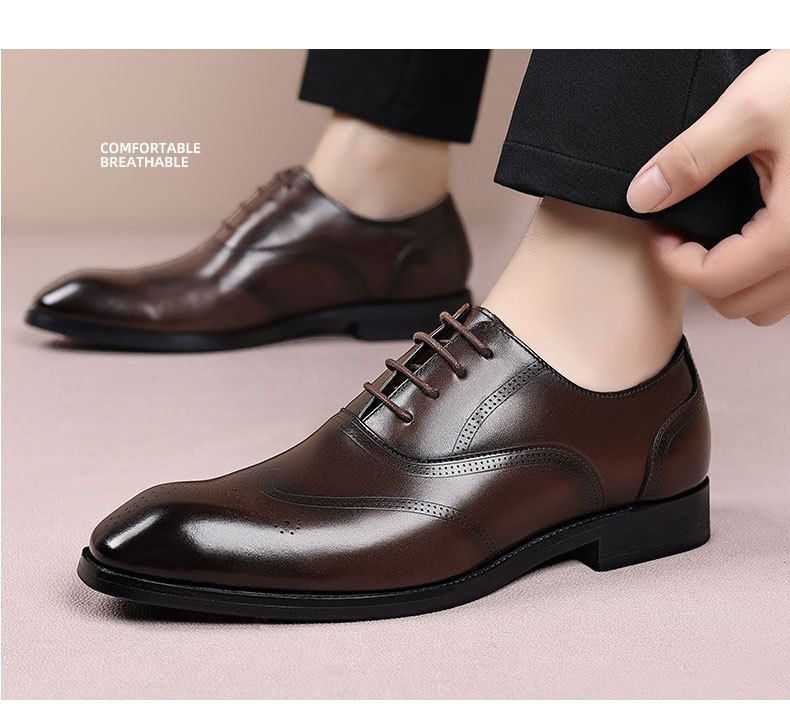 Giày da nam công sở da bò lớp đầu mũi nhọn Brogue buộc dây đế gỗ — Màu nâu, màu đen chi tiết 19