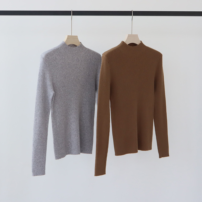 Autumn and Winter New Slim-Fit Wool-Blend Base Knit Sweater, Simple Pullover Ribbed Elegant Sweater Top with Long Sleeves