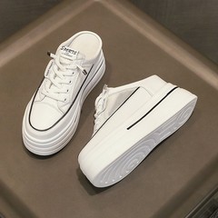 爆款厚底系带增高小白鞋女2025夏季新款百搭舒适休闲半拖鞋女外穿